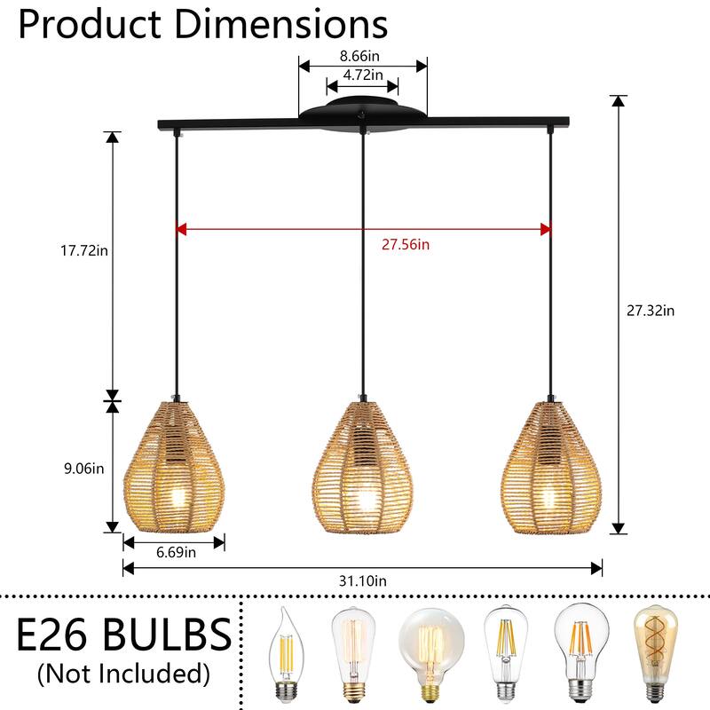 3 - Light Rattan Linear Chandelier for Dining Room, Black Metal Bohemian Style - Matte Black