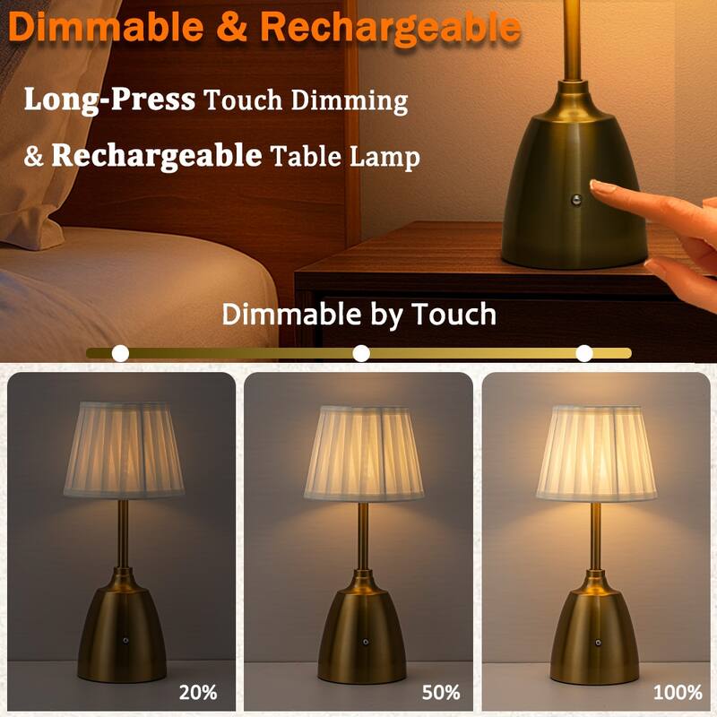 14'' Classic Fabric Shade Rechargeable LED Table Lamp Touch Control Cordless USB Nightstand Lamp with Stepless Dimming(2 Pack)
