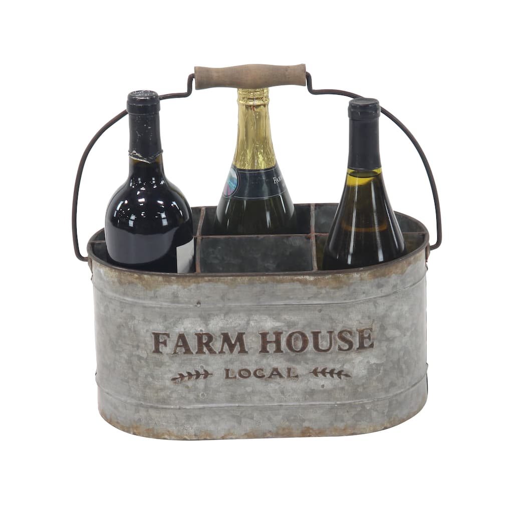 Metal Galvanized Farm House 6 Bottle Wine Holder - Gray - Roche River Decor - 9"W x 13"L x 7"H