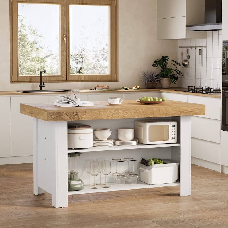 55" Kitchen Island with Storage, Stationary Island Table Bar Table - Light Brown/White
