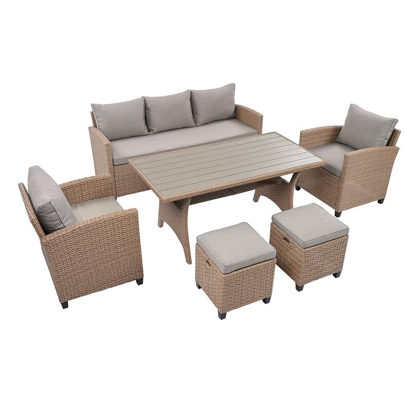 Outdoor 6-Piece Rattan Sectional Sofa Set with Dining Table, Chair & Stools