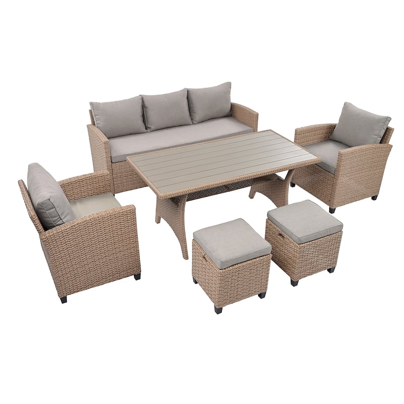 Roomfitters 6-Piece Outdoor Rattan Wicker Patio Garden Set with Sofa, Chair, Stools and Table