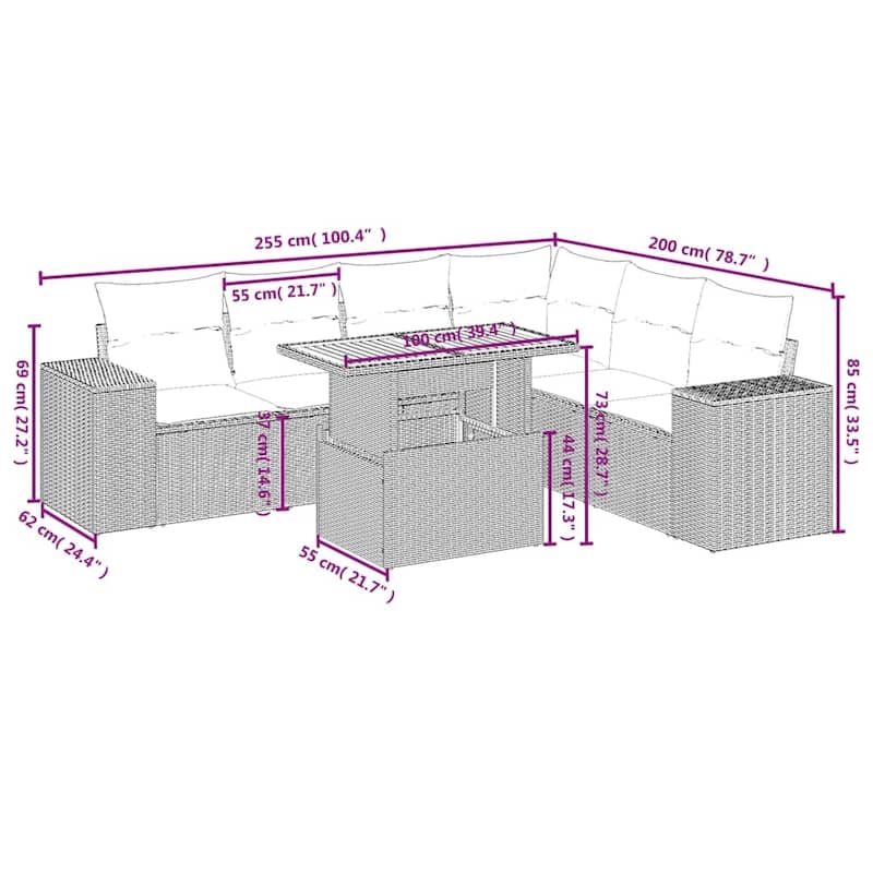 vidaXL Patio Sofa Set with Cushions Table and Modular Sofas 7 Piece Poly Rattan
