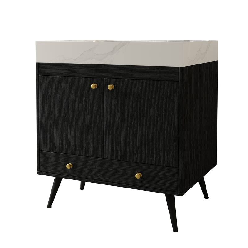 Contemporary 30" Freestanding Bathroom Vanity with Faux Marble Top & Ceramic Sink, Double Door Cabinet
