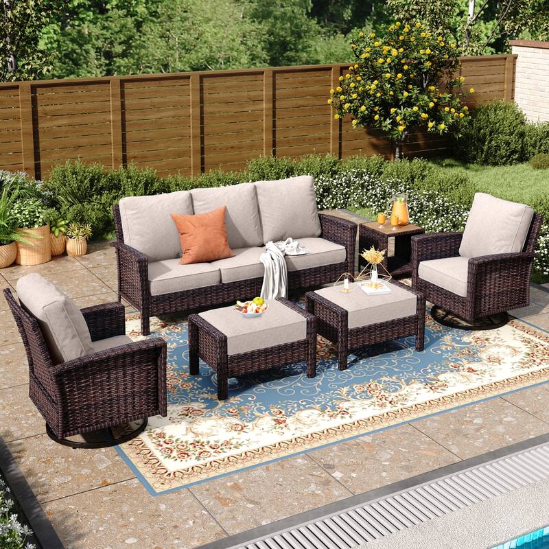 MAISON ARTS 7-Piece Extra-Large Patio Wicker Sofa Conversation Set with Table, Oversize Seat with 5.5'' Thick Padded Cushion - 5 Seats +2 Ottoman + 17'' Table  - Beige