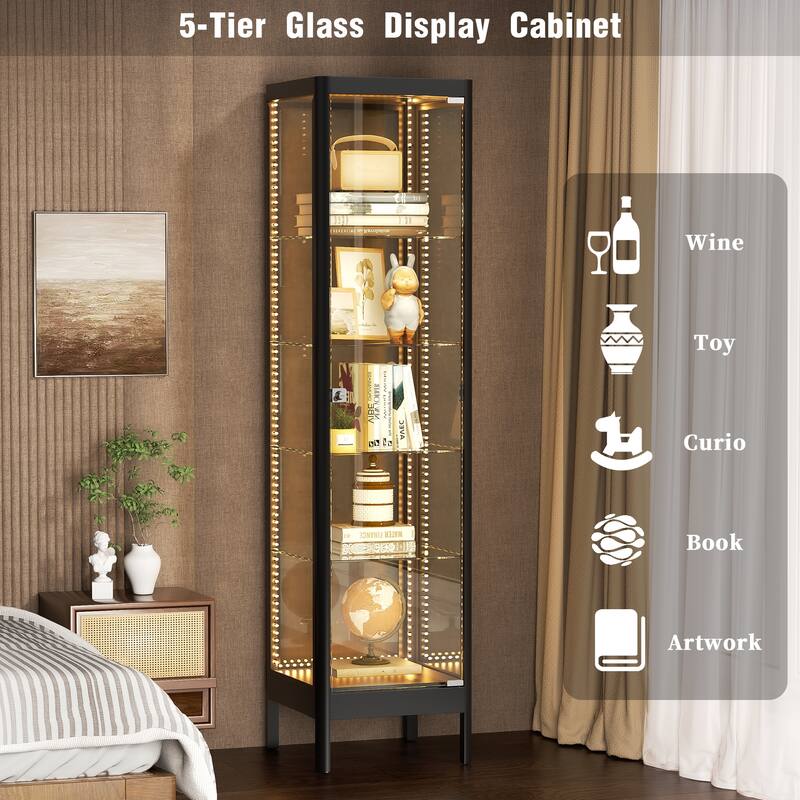 5-Tier Tempered Glass Curio Display Cabinet with Adjustable Shelves - 63"H x 15.4"W x 15.8"D