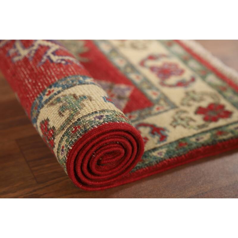 Hand Knotted Oriental 100% Wool Carpet Traditional Geometric Red Kazak Area Rug - 3' 1'' X 2' 1''