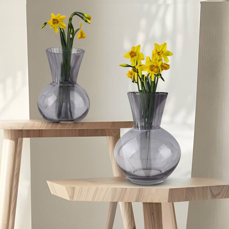 Smoky Gray Glass Set of 2 Modern Tulip Shaped Decorative Table Vases