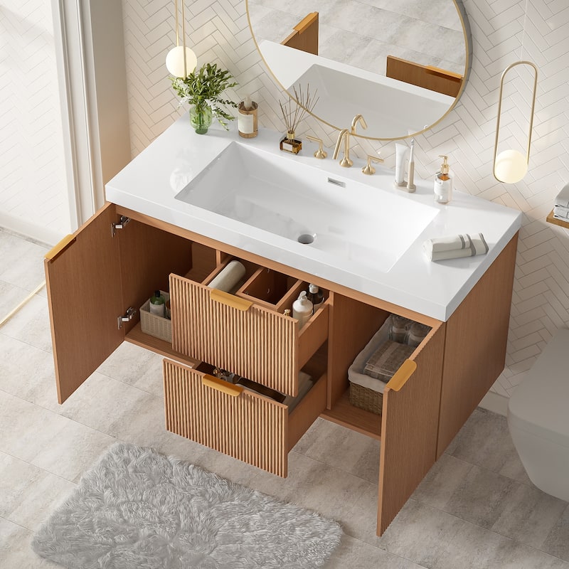42"Single Sink Bathroom Vanity with SMC Top,MDF Cabinet,Soft Close Doors,U-shaped Drawers,Wall-Mounted Modern Storage Vanity - Wood