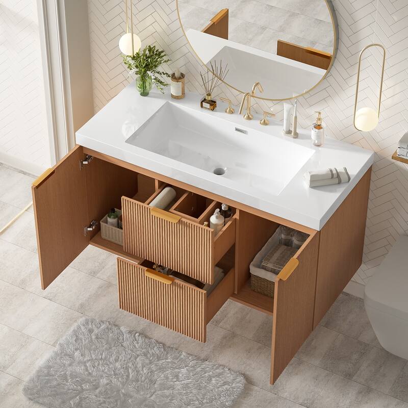 GDFStudio - Mercer Transitional Wall Mounted Bathroom Vanity Cabinet with Double SMC Sink, Soft Close Doors & Drawers
