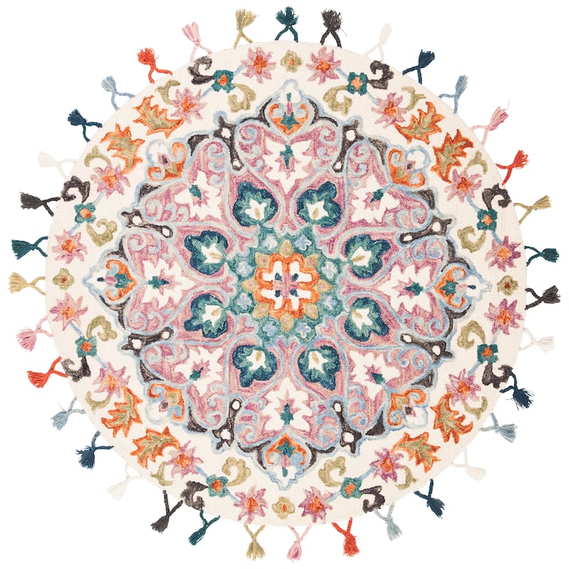 SAFAVIEH Handmade Novelty Evelin Bohemian Floral Wool Rug - 3' Round - Pink/Blue
