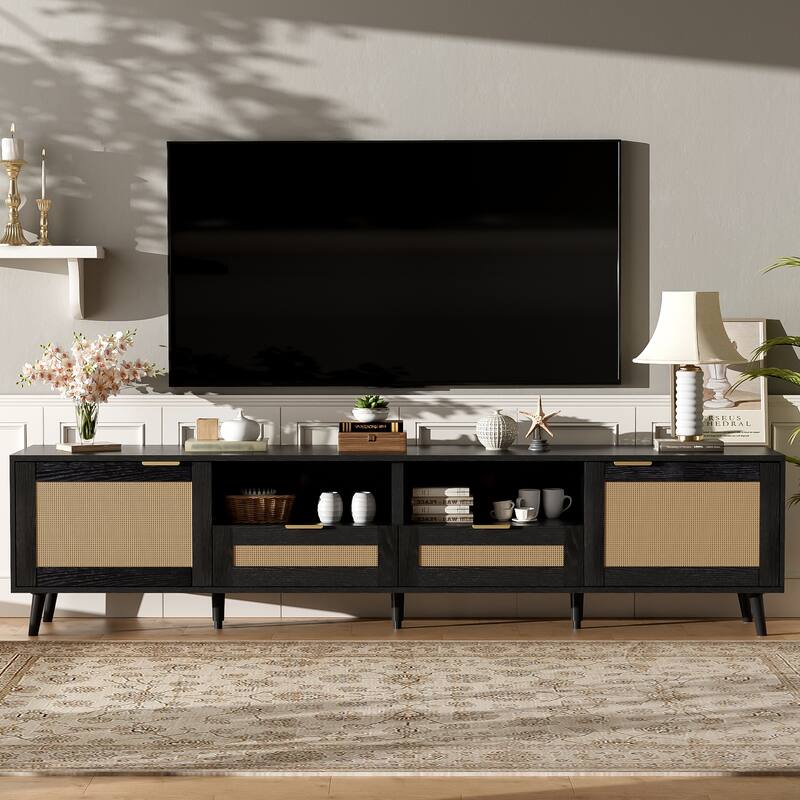 Boho Rattan TV Stand Entertainment Center for TVs up to 85", TV Cabinet Media Console Table for Living Room Home Theatre - Black
