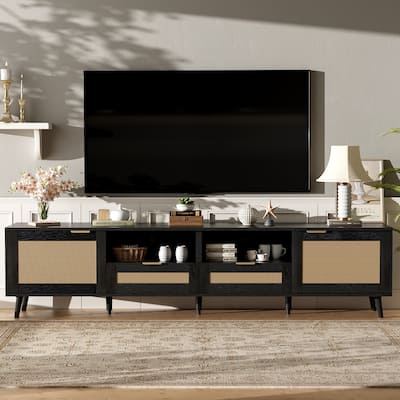 Farmhouse-Style Rattan TV Stand – Accommodates 85-Inch Screens, Solid Wood Legs, Versatile Media Console for Living Room