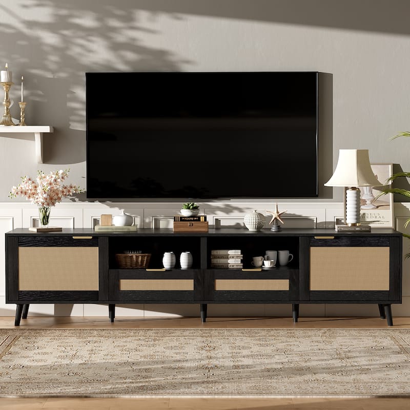Rattan TV Stand for TVs up to 85'', Modern Farmhouse Media Console, Entertainment Center with Solid Wood Legs