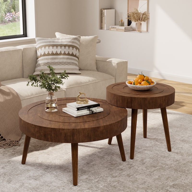 COSIEST Rustic Brown Solid Wood Coffee Table for Living Room - Set of 2 Modern Table