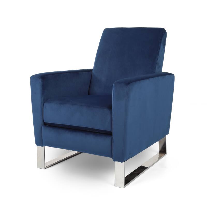 Blue Modern Velvet Push-Back Recliner with Footrest, Stainless Steel Legs