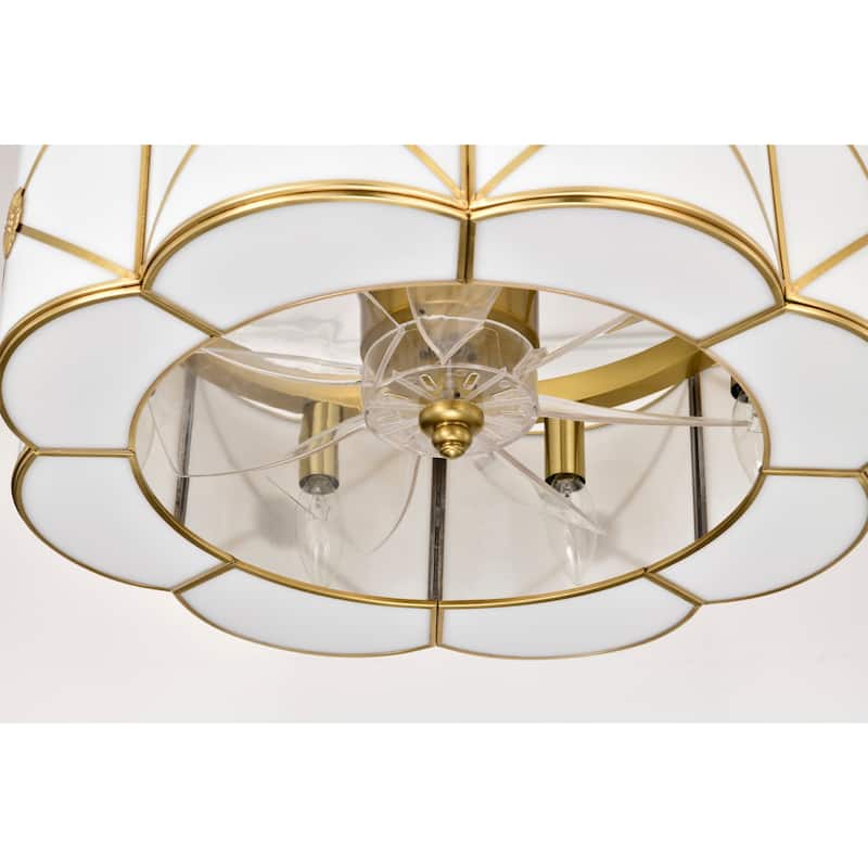 Strancta Scalloped Round White Gold Trim Tiffany Glass Lighted Ceiling Fandelier with Remote