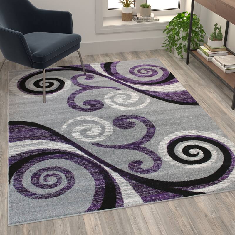 Modern Distressed Swirl Abstract Style Indoor Area Rug - 5' x 7' - Purple