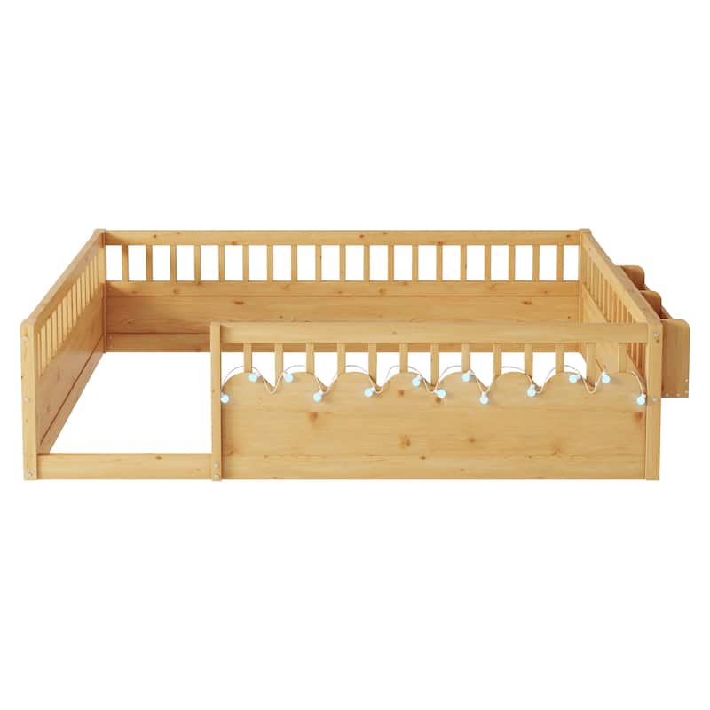 GDF Studio - Ellington Full Size Montessori Floor Bed with High Rails, LED Light, and Storage Shelf