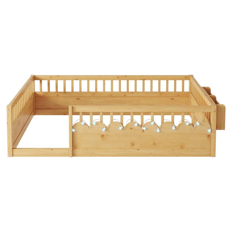 Montessori Floor Bed Frame with High Rails, Wood Toddler Floor Bedframe with Light and Headboard Storage Shelf for Kids Room