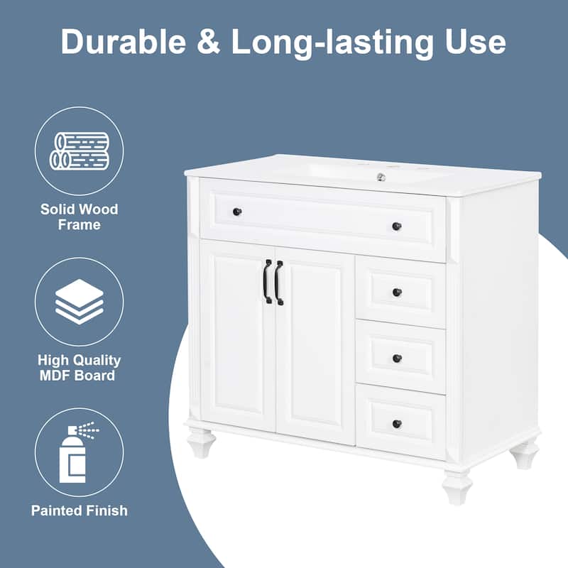 Merax Solid Wood Bathroom Vanity with Sink, Flip Drawer, 3 Drawers & 2 Doors