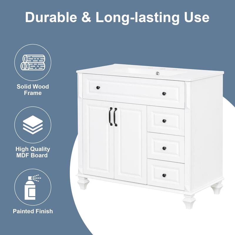 Solid Wood Frame Bathroom Vanity Cabinet, 36" Undermount Ceramic Sink Bathroom Cabinet