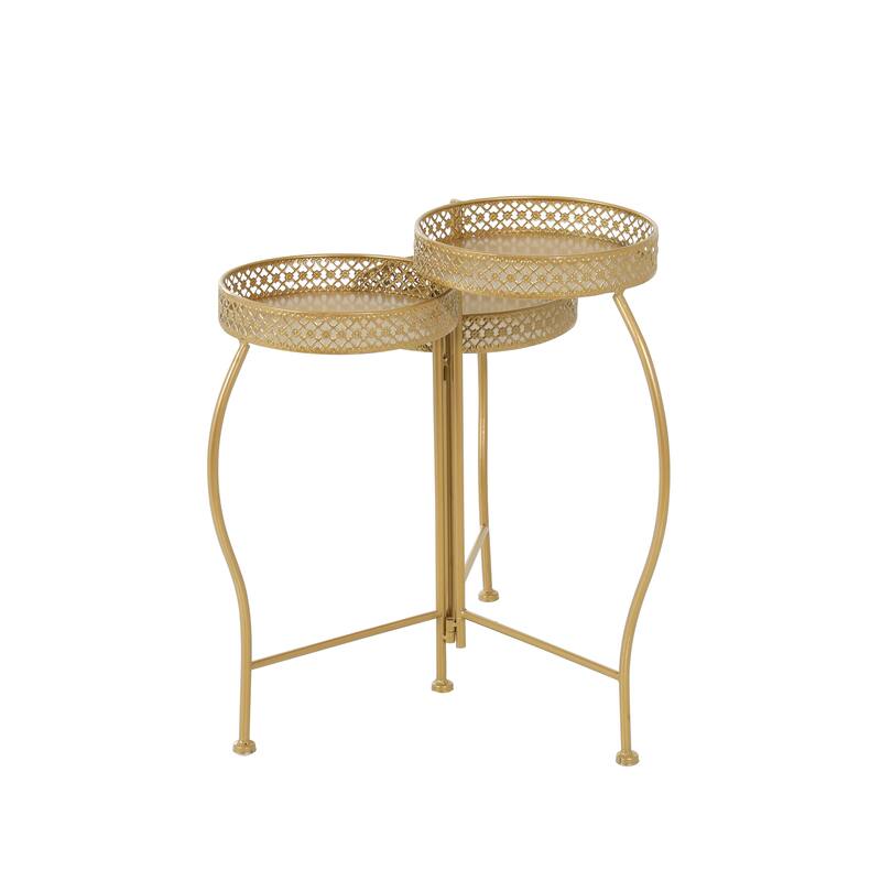 Gold Metal Curved Folding 3 Tier Indoor Outdoor Plantstand with Floral and Scroll Patterns