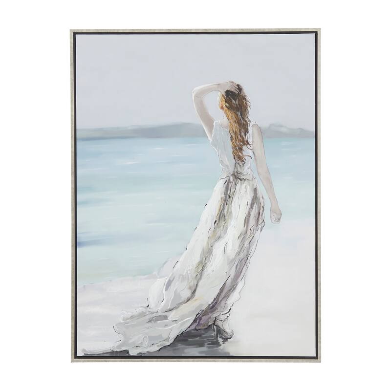 White Canvas Women Landscape Framed Wall Art with Silver Frame