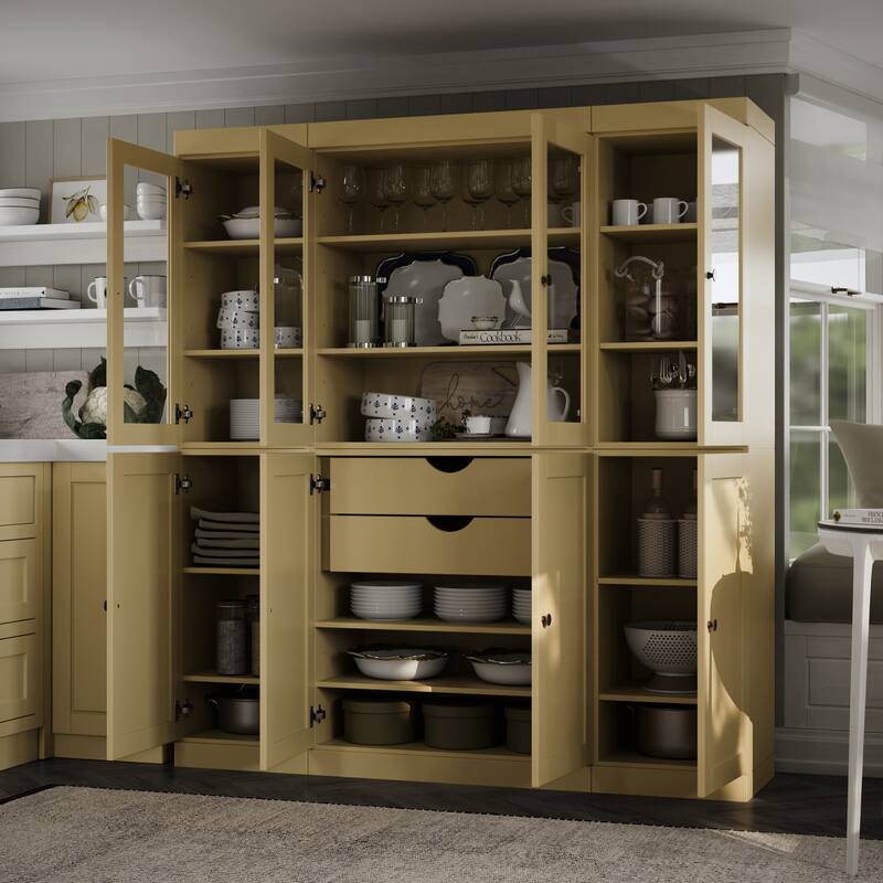 Palace Imports 100% Solid Wood 65" Pantry Cabinet with Clear Glass, Shaker Doors, 2-Drawers and Adjustable Shelves