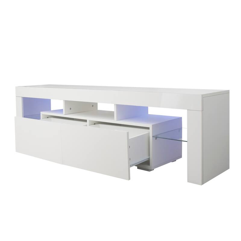 Modern TV Stand, 20-Color LED TV Stand with Remote Control Lights, 2 Drawers and Open Shelves, for Living Room and Bedroom