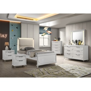 Furniture of America Drima Modern 6-Piece Pearl White Solid Wood Kids Platform Bedroom Set with LED