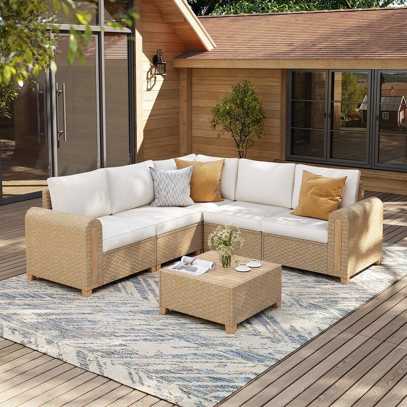 Outdoor Conversation Set L-Shaped Corner Sectional Sofa 6-Piece Patio Modular Sofa and Coffee Table PE Wicker Rattan Acacia Wood - Natural&Beige