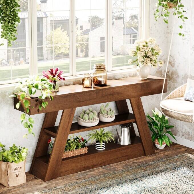 63-Inch Console Table, Wooden Entryway Table with Storage Shelves