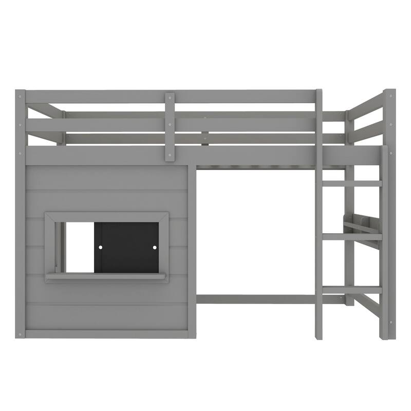 Full/Twin Loft Bed with Sliding Chalkboard, Bookshelf & Safety Rails