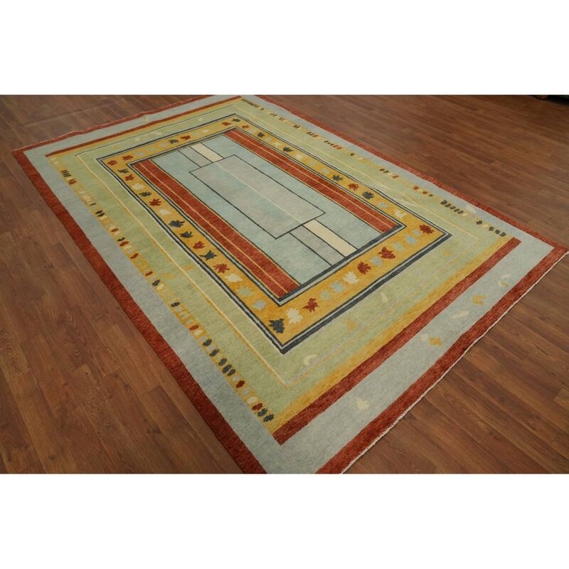 Geometric Gabbeh Vegetable Dye Turkish Area Rug Handmade Wool Carpet - 8' 10'' X 5' 11''