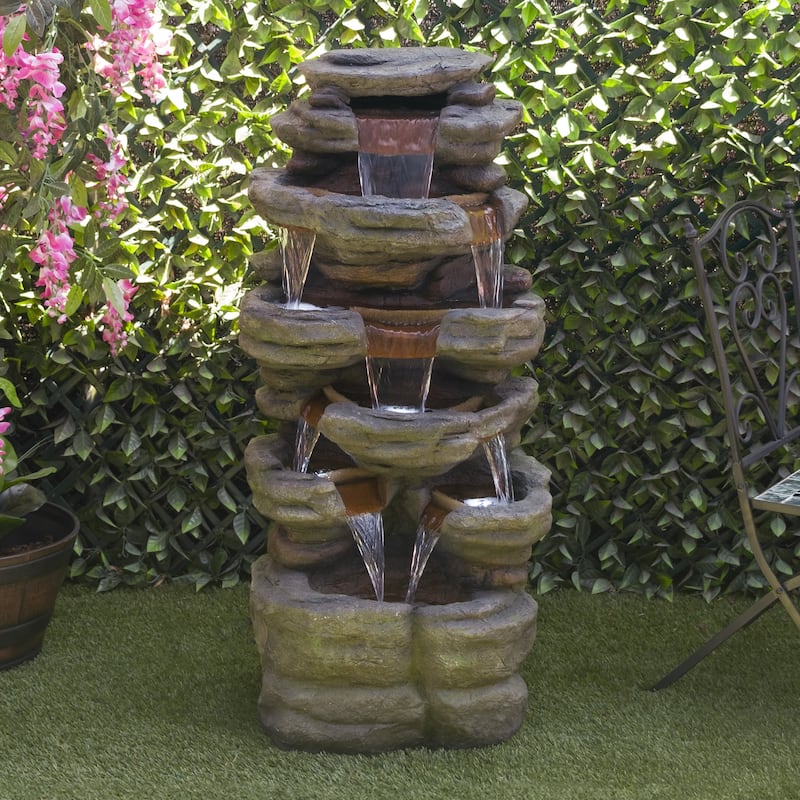 Multi-Level Stone Tower Fountain w/Cool White Lights