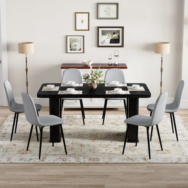 7-Piece Modern Dining Table Set, 64.5x35.4 Inch Textured Wood Table & 6 High-Resilience Fabric Chairs with Metal Legs