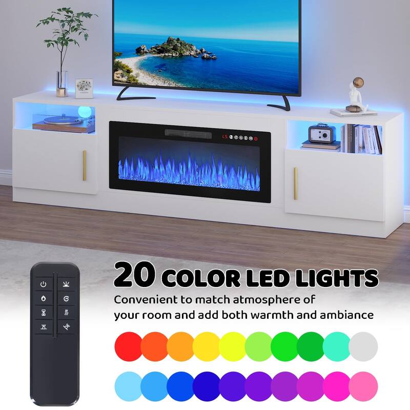 BOSSIN 80" Modern Electric Fireplace TV Stand with 20-Color LED Lights, Fits Up to 90" TV, Adjustable Shelves & Storage Cabinets