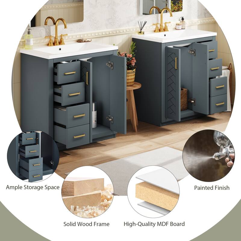 Roomfitters 60" Bathroom Vanity with Ceramic Sink, Solid Wood Freestanding Cabinet with Drawers & Soft-Close Doors