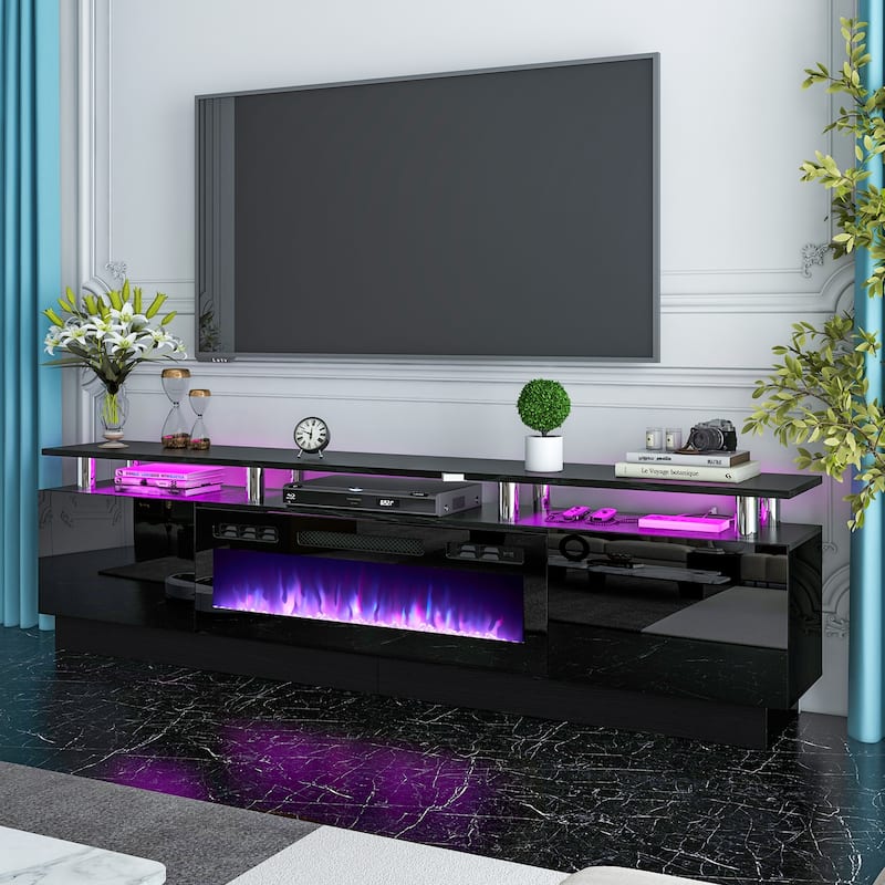 80" 2 Tier TV Console Stand for TVs Up to 90",with 36" Electric Fireplace - Black
