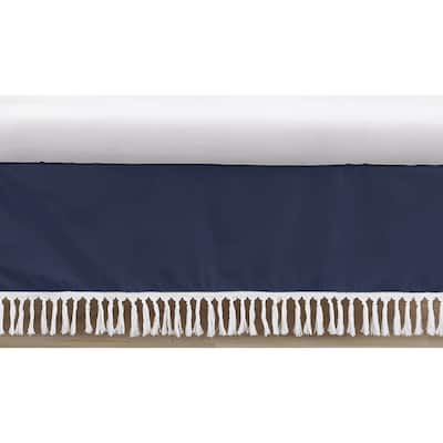 Navy Boho Bohemian Collection Boy Crib Bed Skirt - Solid Color Blue and White Farmhouse Chic Minimalist Tassel Fringe Macrame