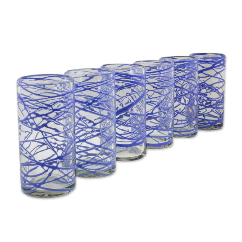 NOVICA Artisan Handblown High Ball Glasses Clear Mexican Drinkware Recycled Tumbler 'Sapphire Swirl'(Set of 6) - 6*2.8