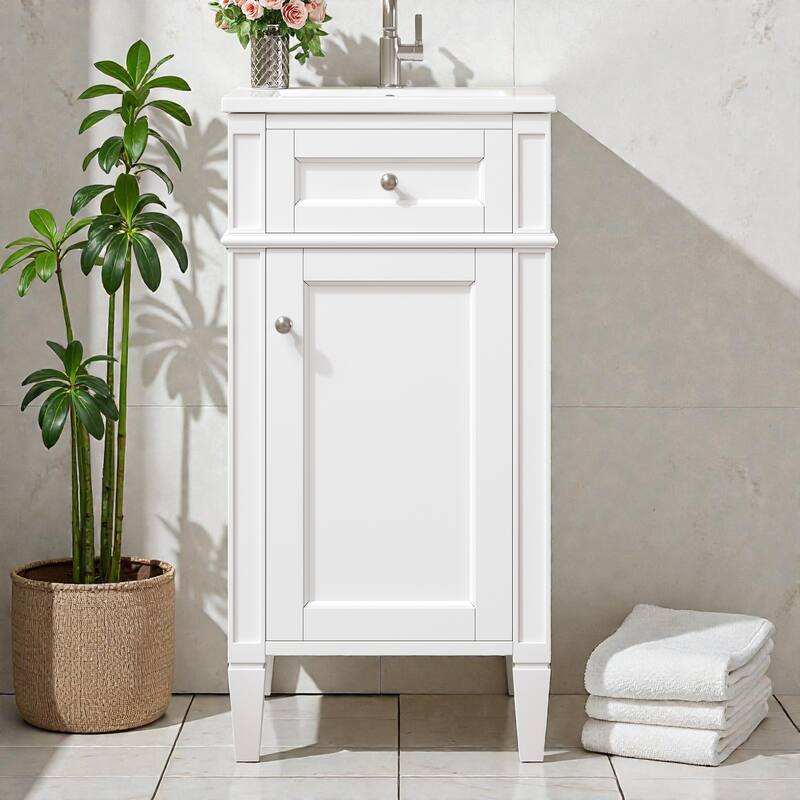 16 Inch Bathroom Vanity with Ceramic Sink, Freestanding Single Vanity, Soft Close Door, French Style Solid Wood Legs