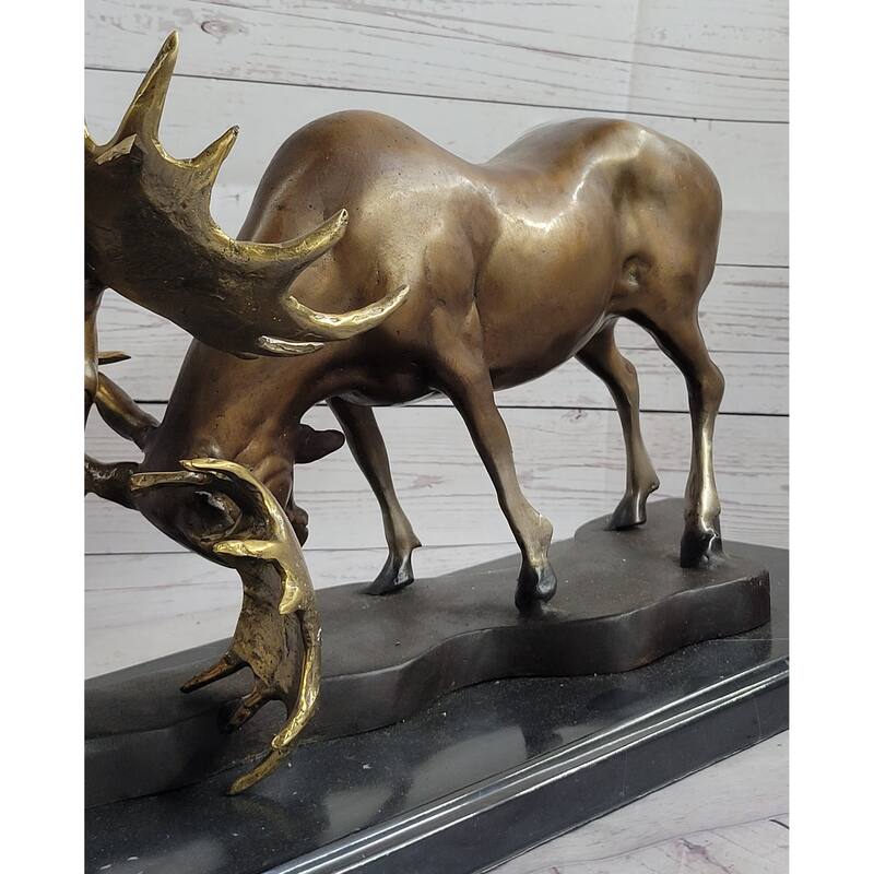 Imitative Bull Moose Duel Dueling Bucks Fight Bronze Statue Sculpture Moigniez Marble Base 11 Inches X 31 Inches