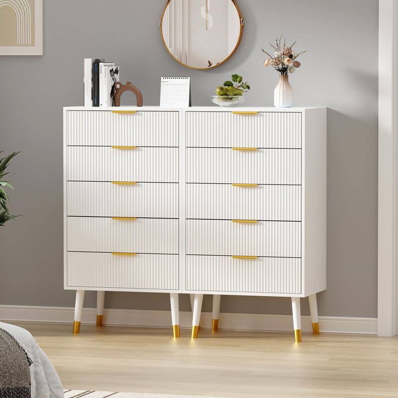 5 Fluted Drawer Dresser for Bedroom, Modern Wooden Chest of Drawers Nightstand