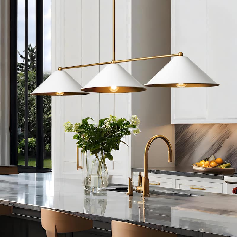 3-Light Mid-Century Modern Black/White Linear Cone Large Chandelier for Dining Room and Kitchen Island