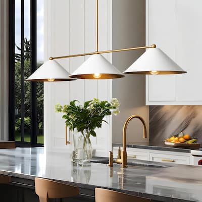 3-Light Mid-Century Modern Black/White Linear Cone Large Chandelier for Dining Room and Kitchen Island