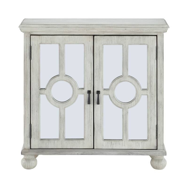 Anik Accent Cabinet, 2 Mirror Inlaid Glass Door, Antique White Wood