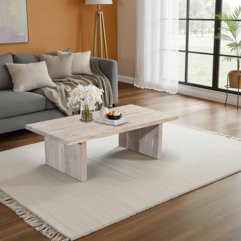 Nira Coffee Table 48 Inch Rectangular Top Handcrafted Washed White Acacia Wood Panel Leg Base