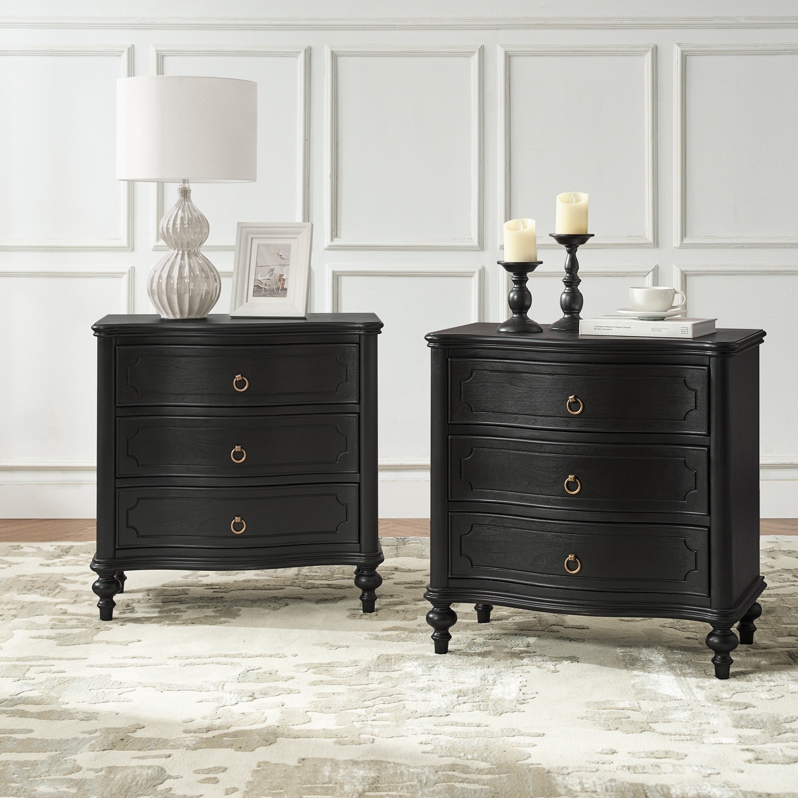 HULALA HOME Alois Traditional 3-Drawer End Table with Built-in Charging Station and Solid Wood Spindle Legs Set of 2